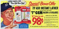 A 1953 vintage print advertisement for Gem razors featuring baseball player Mickey Mantle