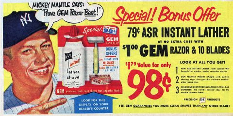 A 1953 vintage print advertisement for Gem razors featuring baseball player Mickey Mantle