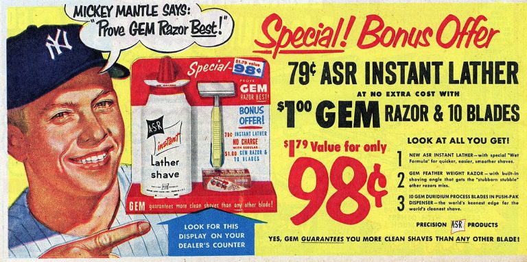 A 1953 vintage print advertisement for Gem razors featuring baseball player Mickey Mantle