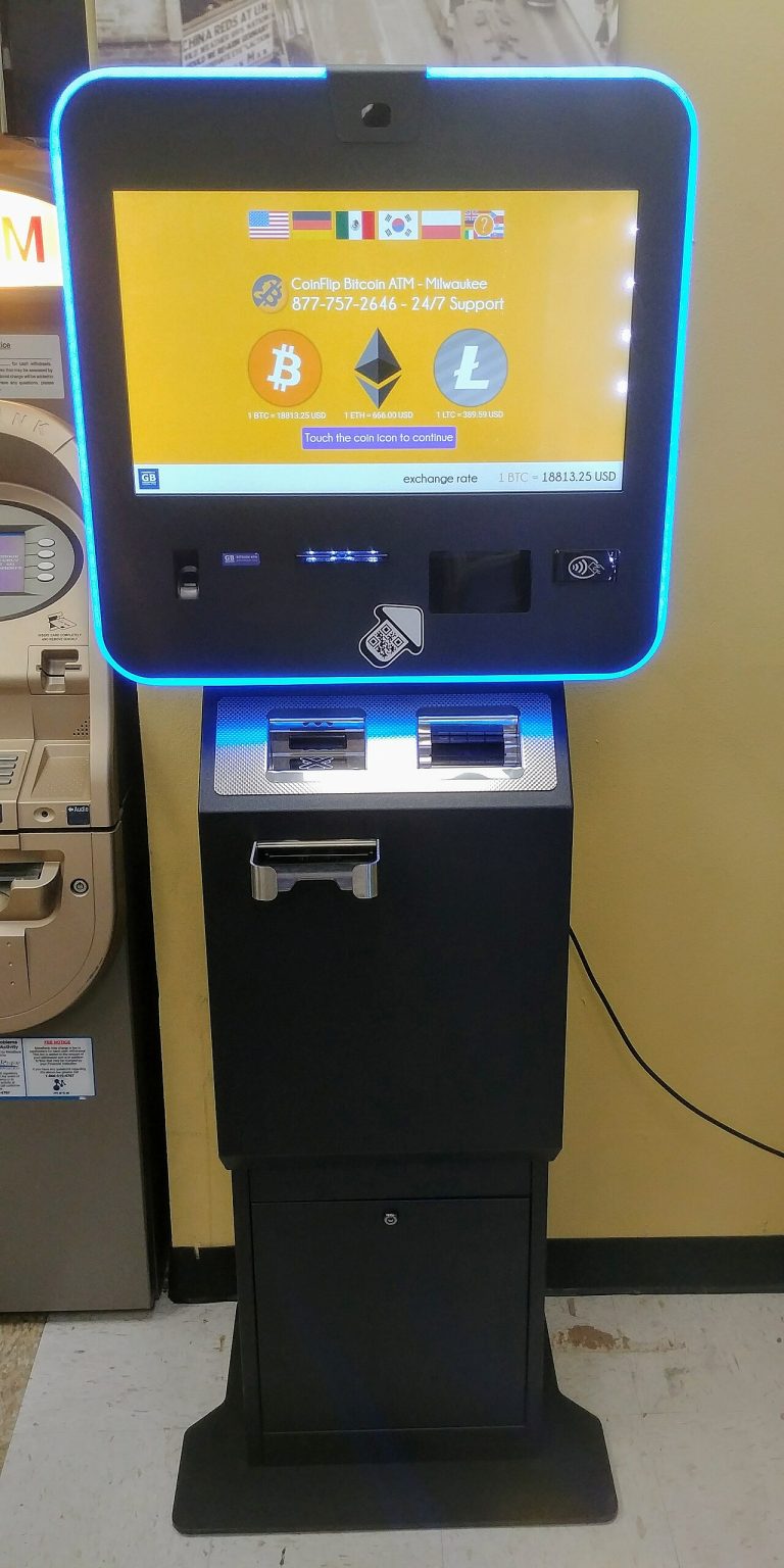 A cryptocurrency ATM kiosk allowing purchases of Bitcoin, Ethereum, and Litecoin