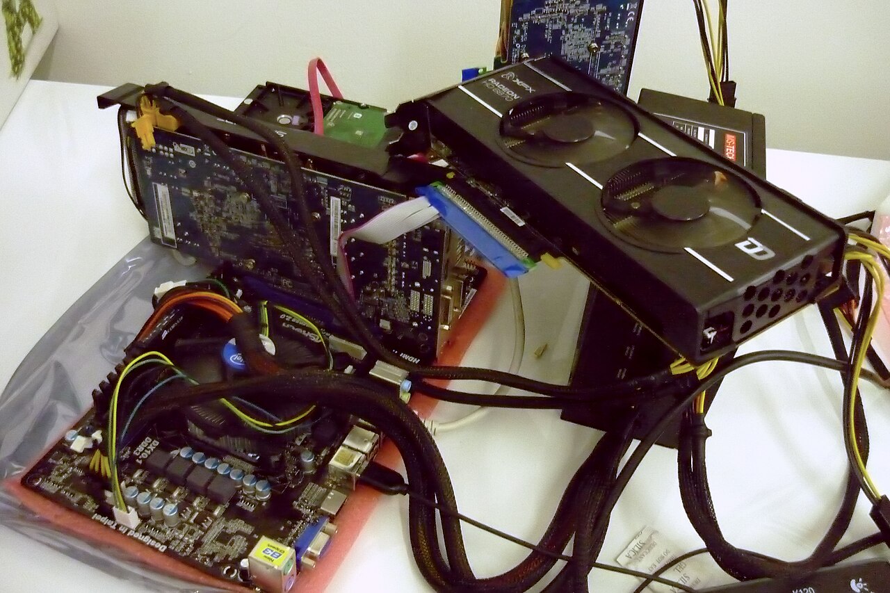 A custom-built computer mining rig with graphics cards used for cryptocurrency mining