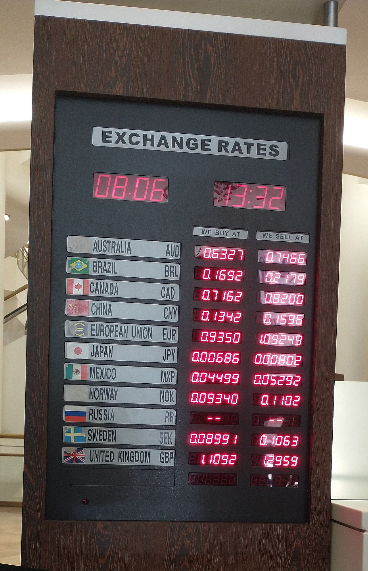 An illuminated exchange rates sign showing buy and sell prices for several currencies