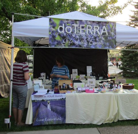 An independent representative selling products at a branded outdoor booth