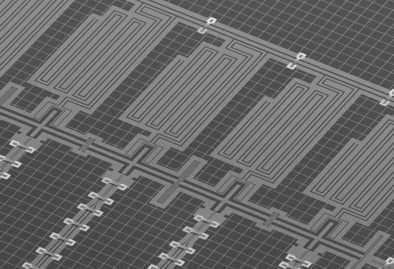 An extreme close-up microscope image of a superconducting quantum chip circuit pattern
