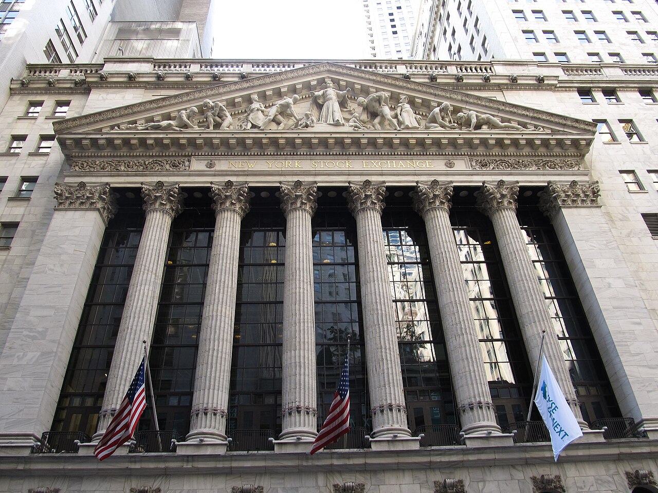 The columned neoclassical facade of the New York Stock Exchange building