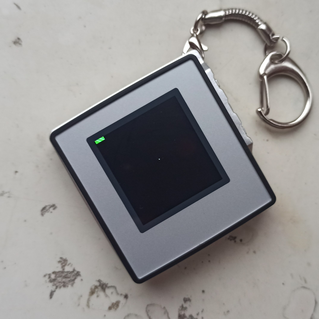 A small digital photo frame keychain displaying an NFT artwork consisting of a single transparent pixel