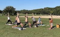 A group of people doing an outdoor yoga class in a park