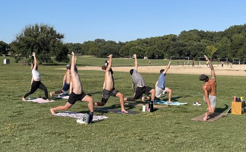 A group of people doing an outdoor yoga class in a park